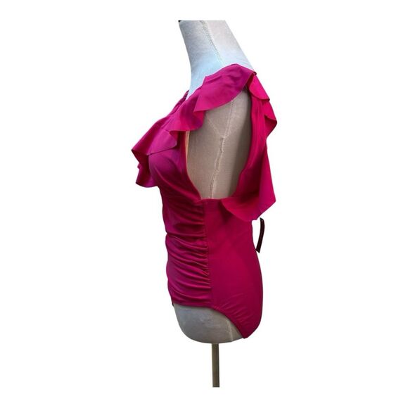 J. Crew Radiant Fuchsia Ruffle Roushing One Piece Swimsuit Size 20 - Picture 2 of 10